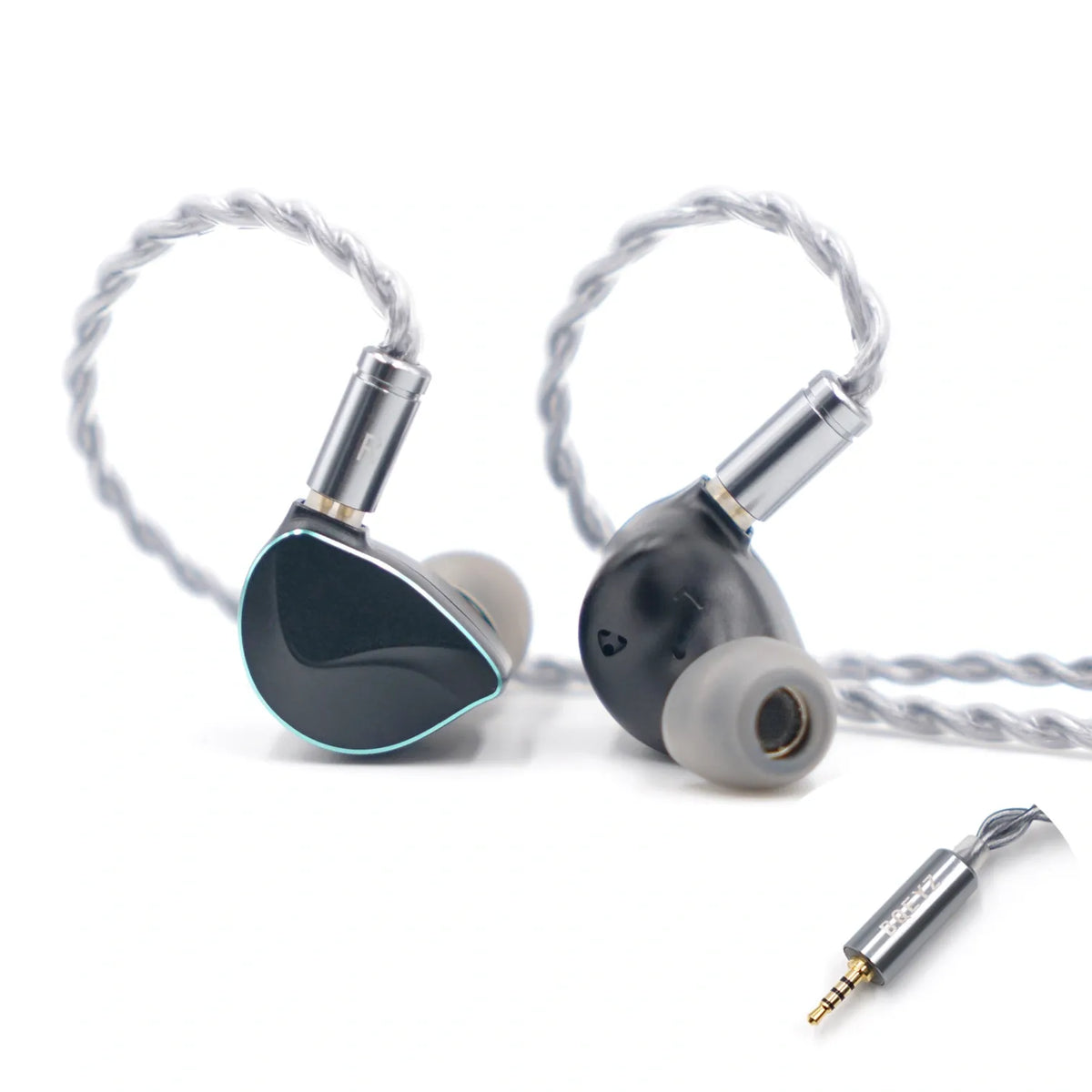 Black BQEYZ hifi IEM earphone pair connected to a silver upgrade cable.