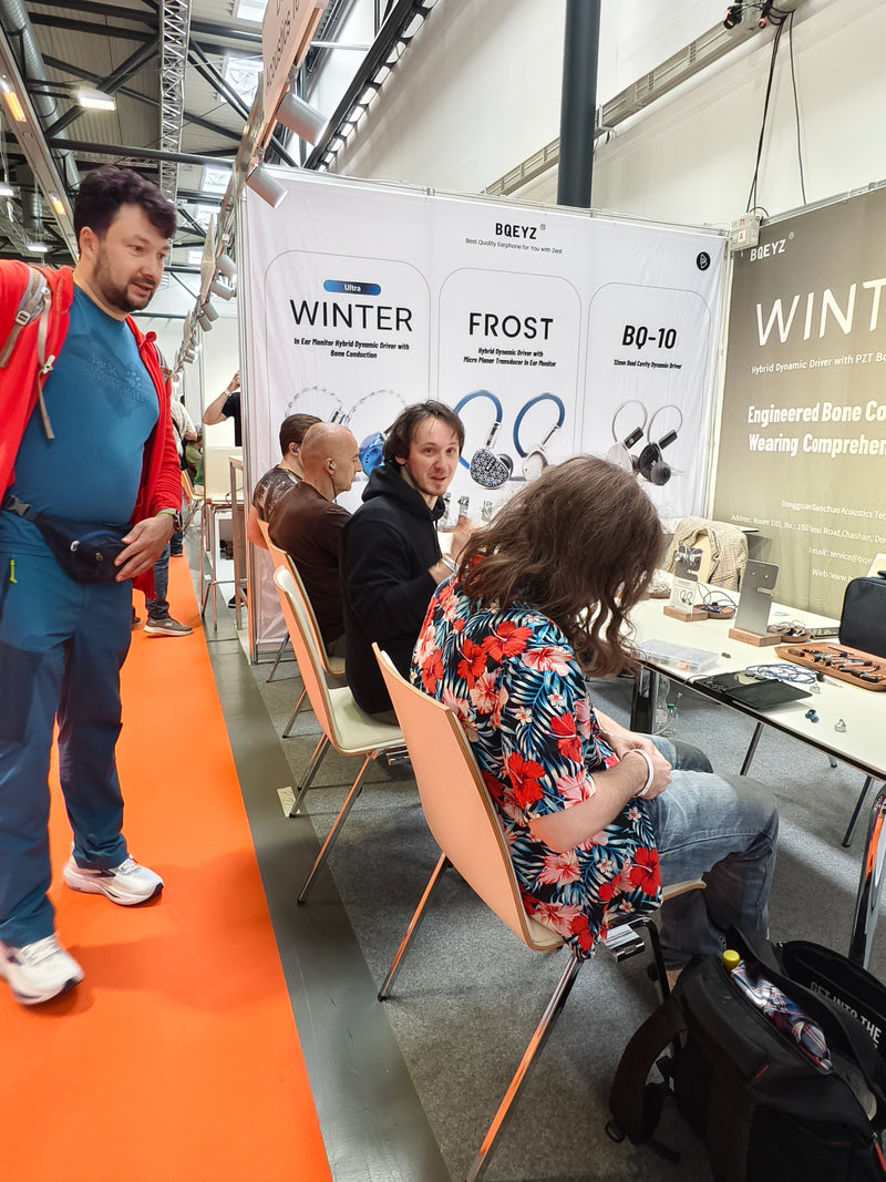 BQEYZ earphones on display at the High End audio show, June 2026