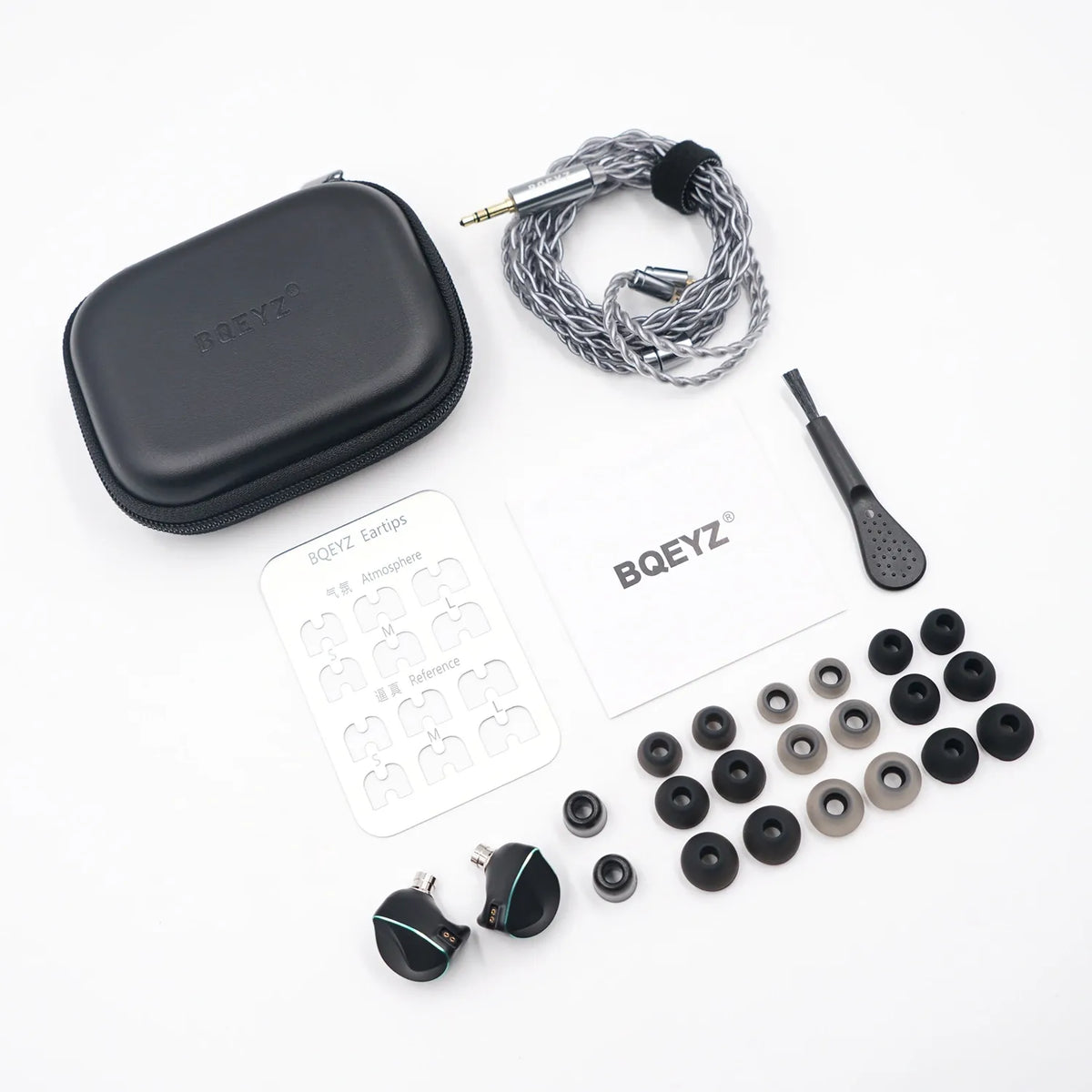 Full accessories and carrying case for the silver BQEYZ hifi IEM earphone.