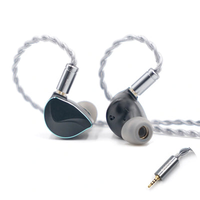 Black BQEYZ hifi IEM earphone pair connected to a silver upgrade cable.