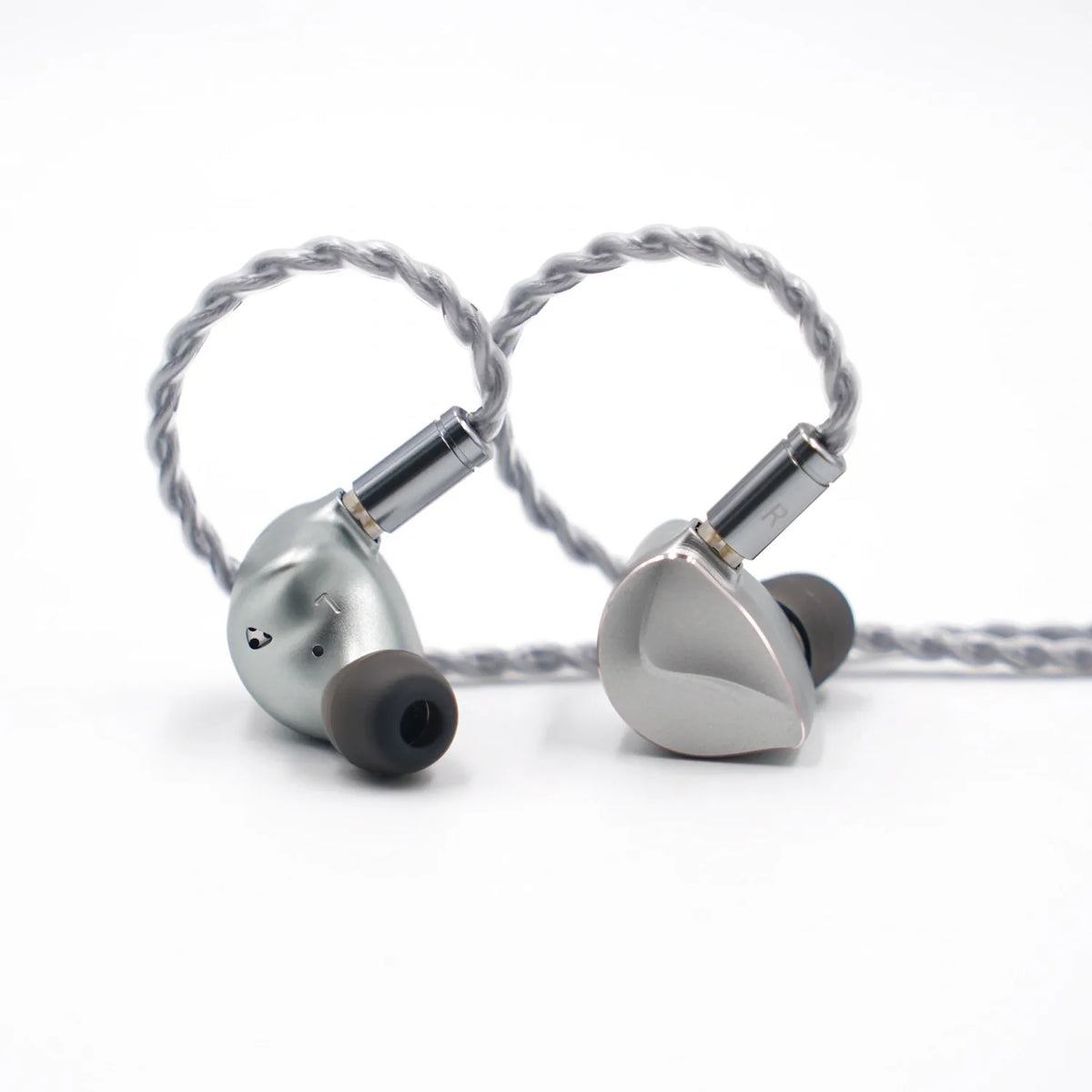 Pair of BQEYZ Winter hifi IEM earphone shells in a matte silver finish.